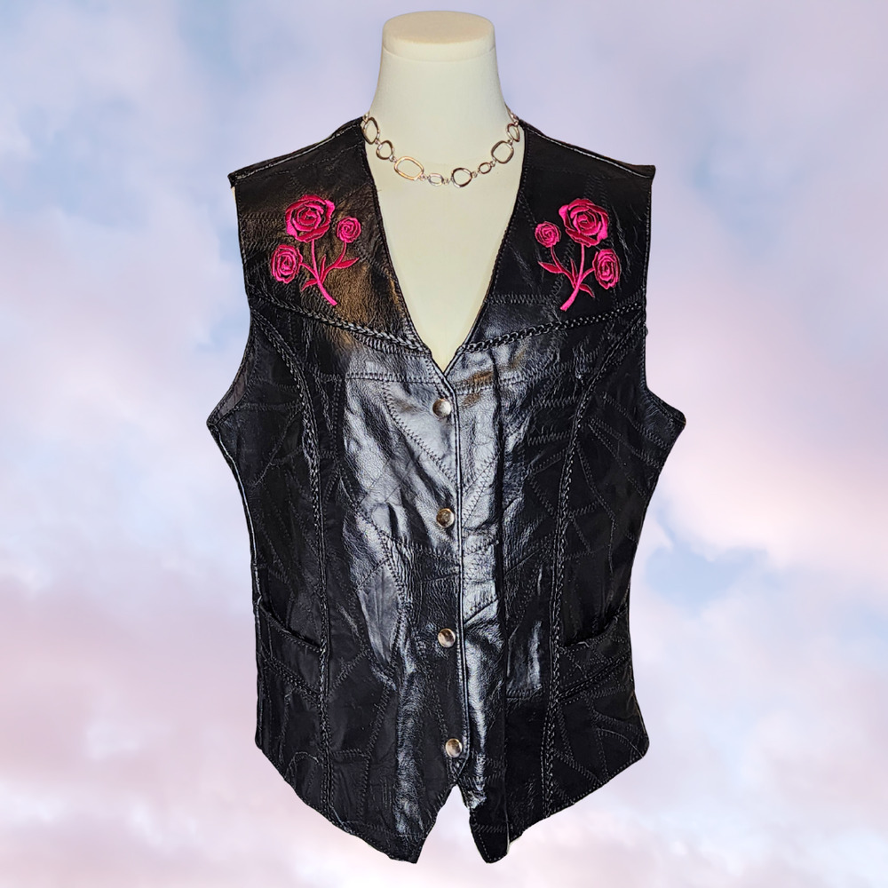 Black Leather Vest with Pink Rose Embroidery